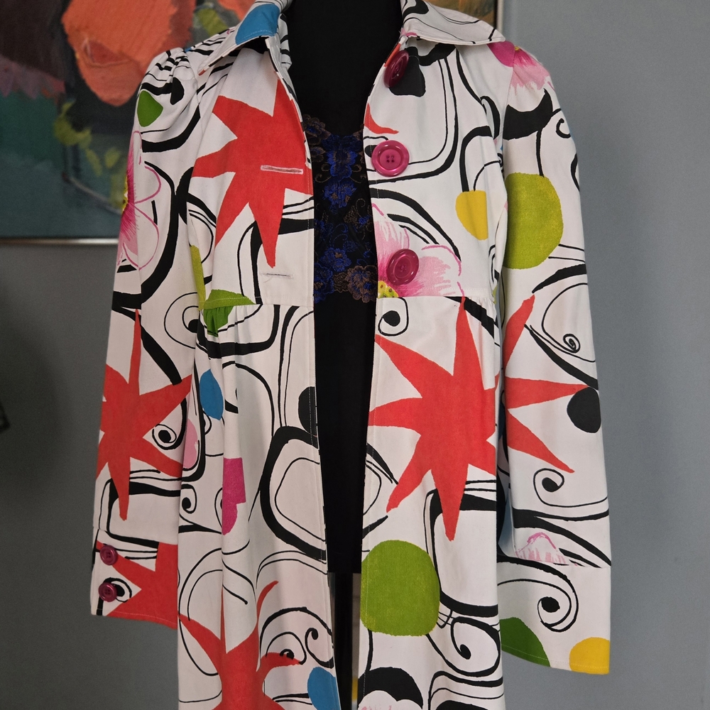 3 Sisters Red and Green Trench Coat with Artistic Design